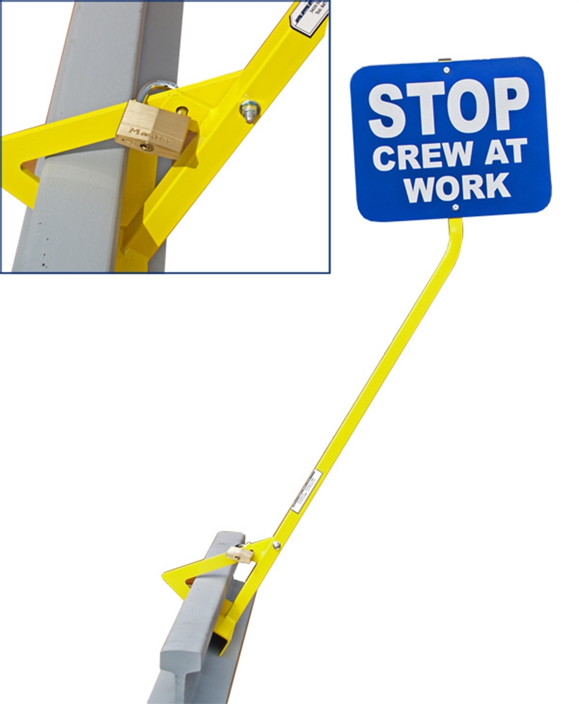 Clamp-on, Locking - Can be padlocked to rail sizes 85 lb. to 140 lb. Lock included.  Sign Plate Not Included.